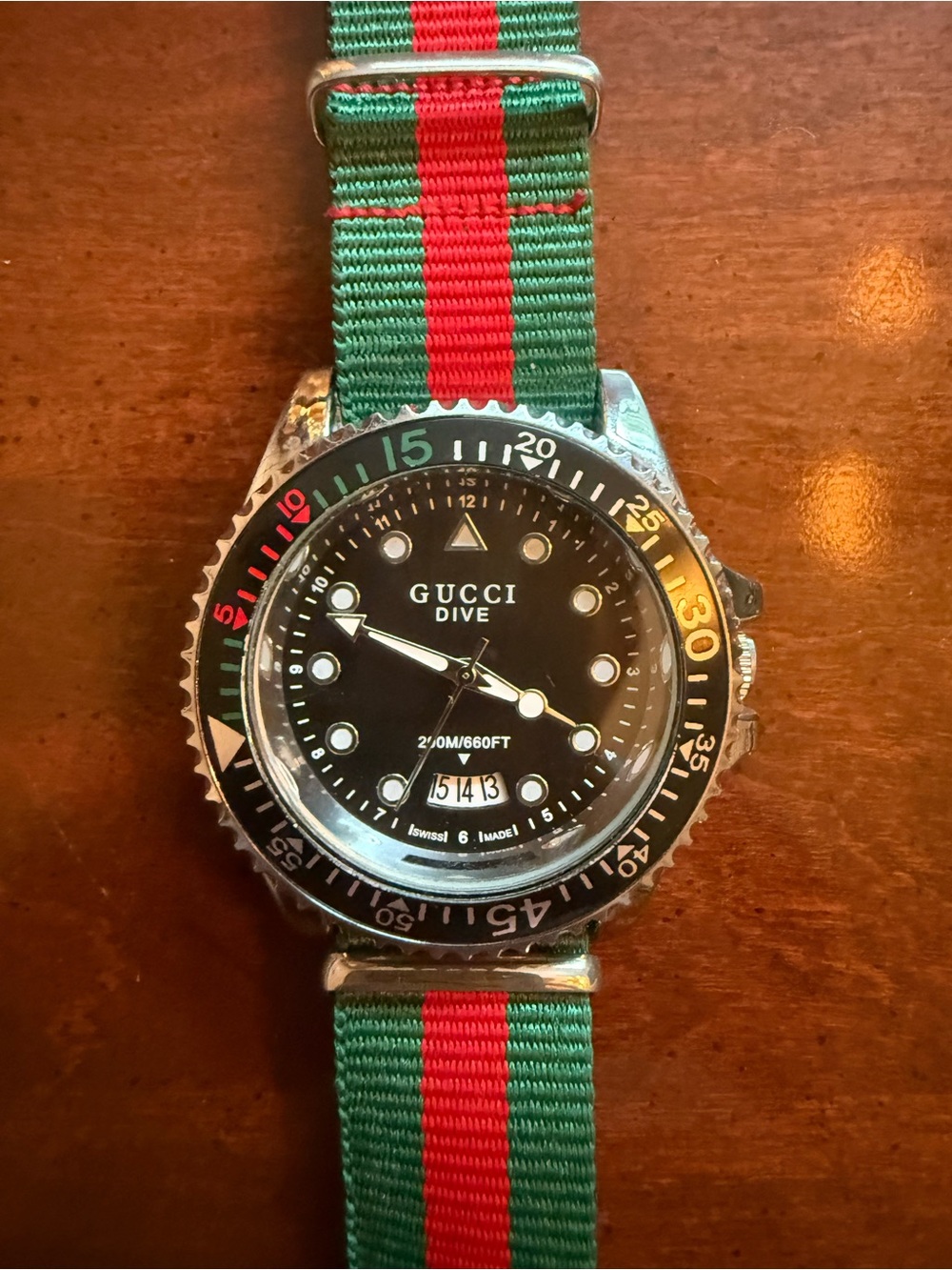 Gucci Dive Watch with Black Dial and Green-Red NATO Strap